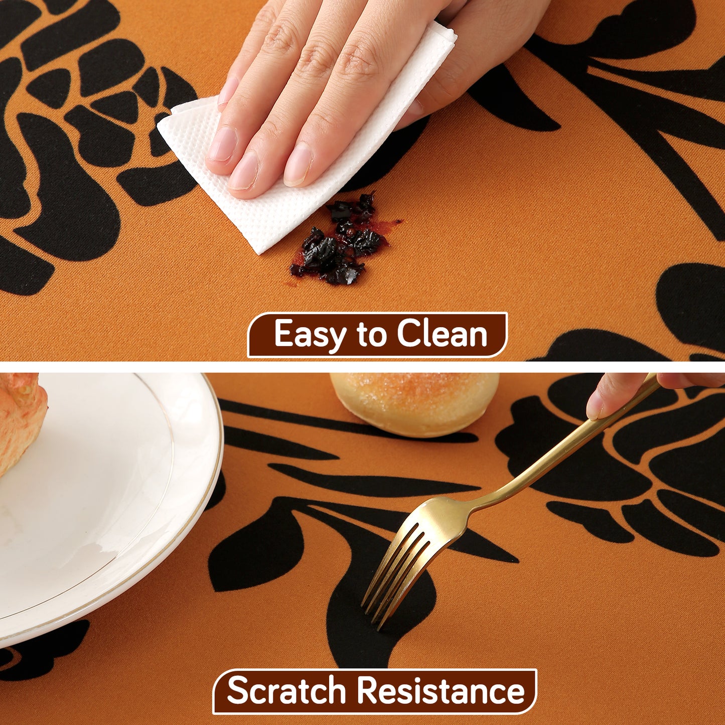 Printed Stretch Fit Water-Repellent & Anti-Slip Table Cloth Cover for 4 Seater / 6 Seater, Copper Brown Floral