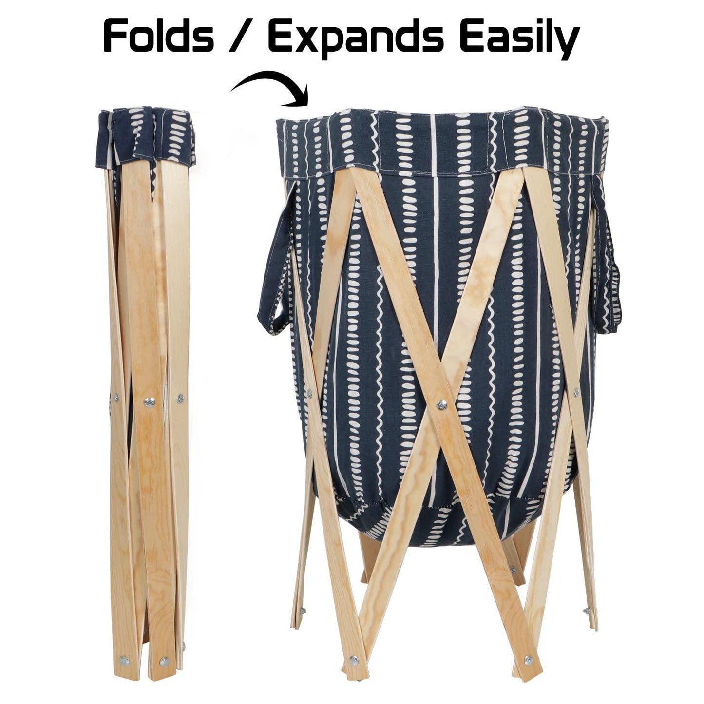 Large European Pattern Laundry Hamper Foldable Wooden Cloth Basket , Blue