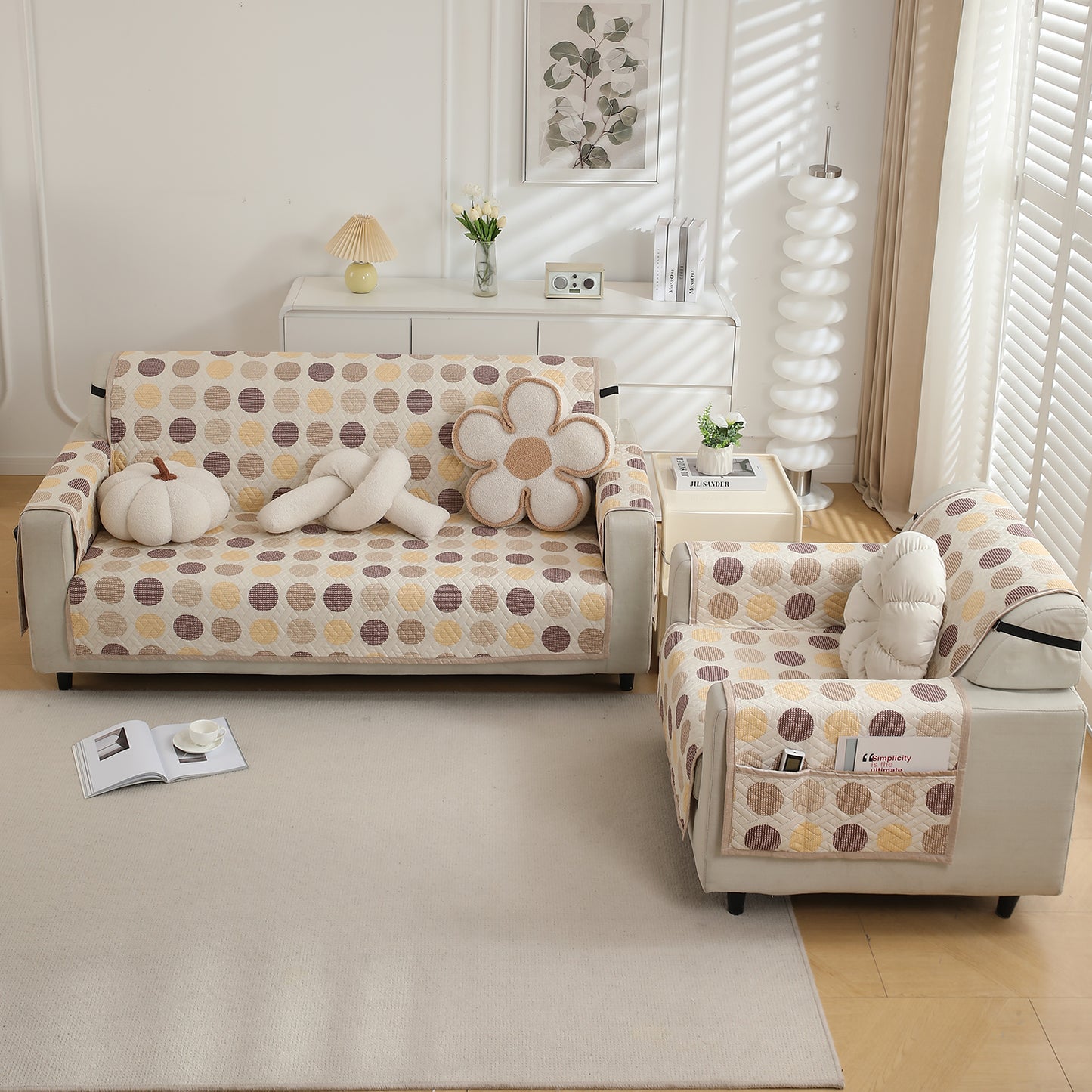 4 Seater Brown Polka Dot Printed quilted sofa cover set