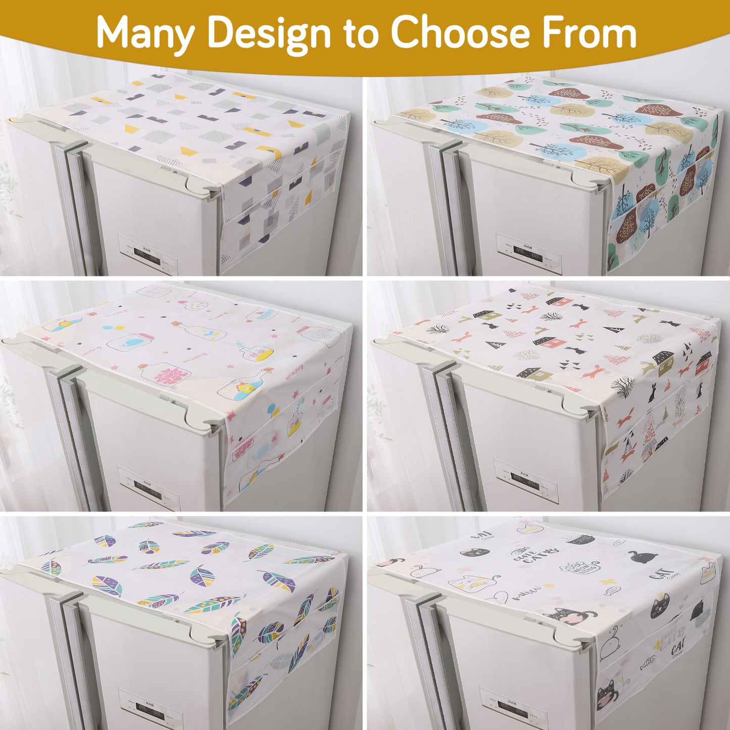 Small / Large Fridge Cover Top | For Smaller Single Door, Double Door and Bigger Double Door Refrigerator - Waterproof, Printed with 6 Side Pockets, Boho Feathers
