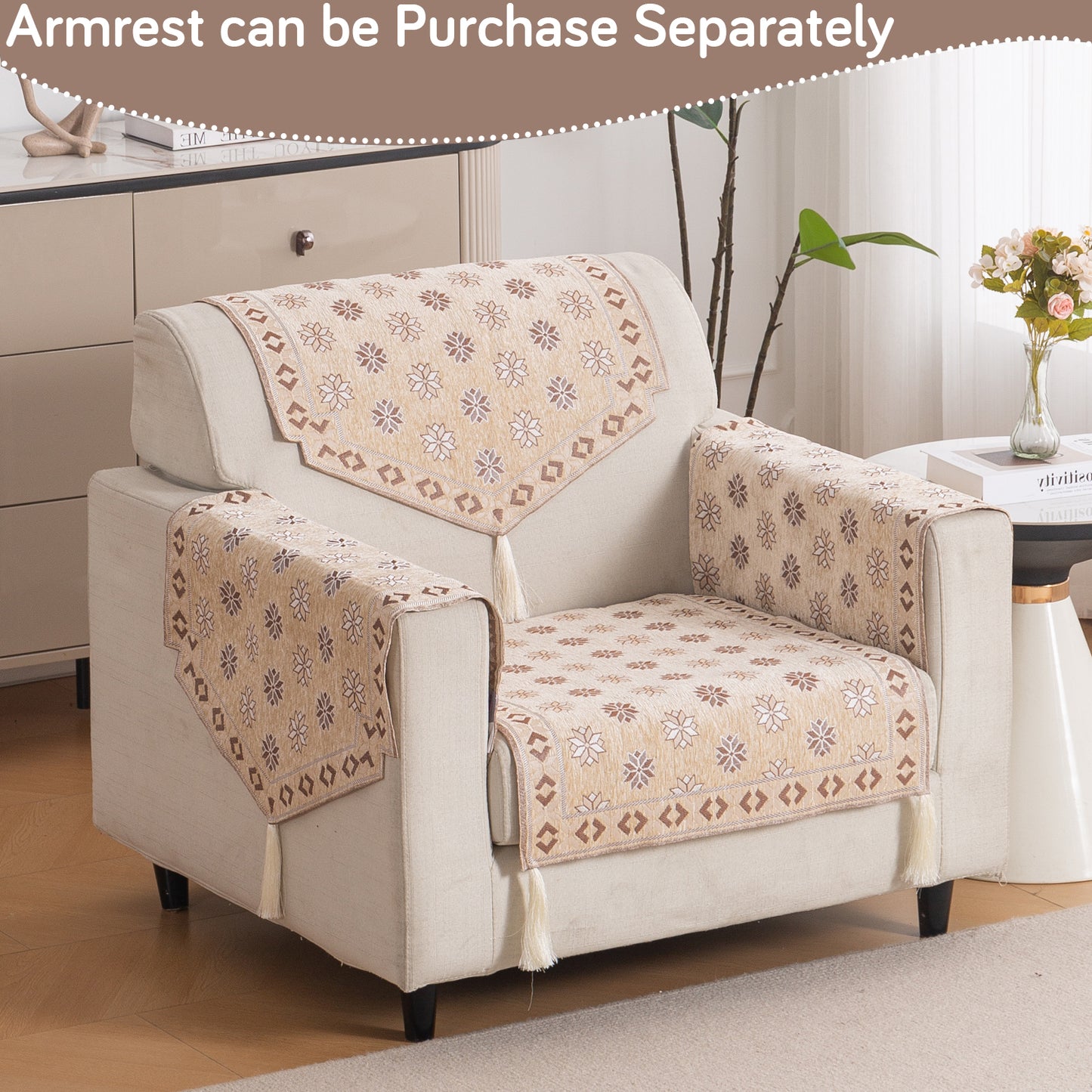Heritage Weave Premium Jacquard Sofa Cover Set with Tassels - Sandy Beige