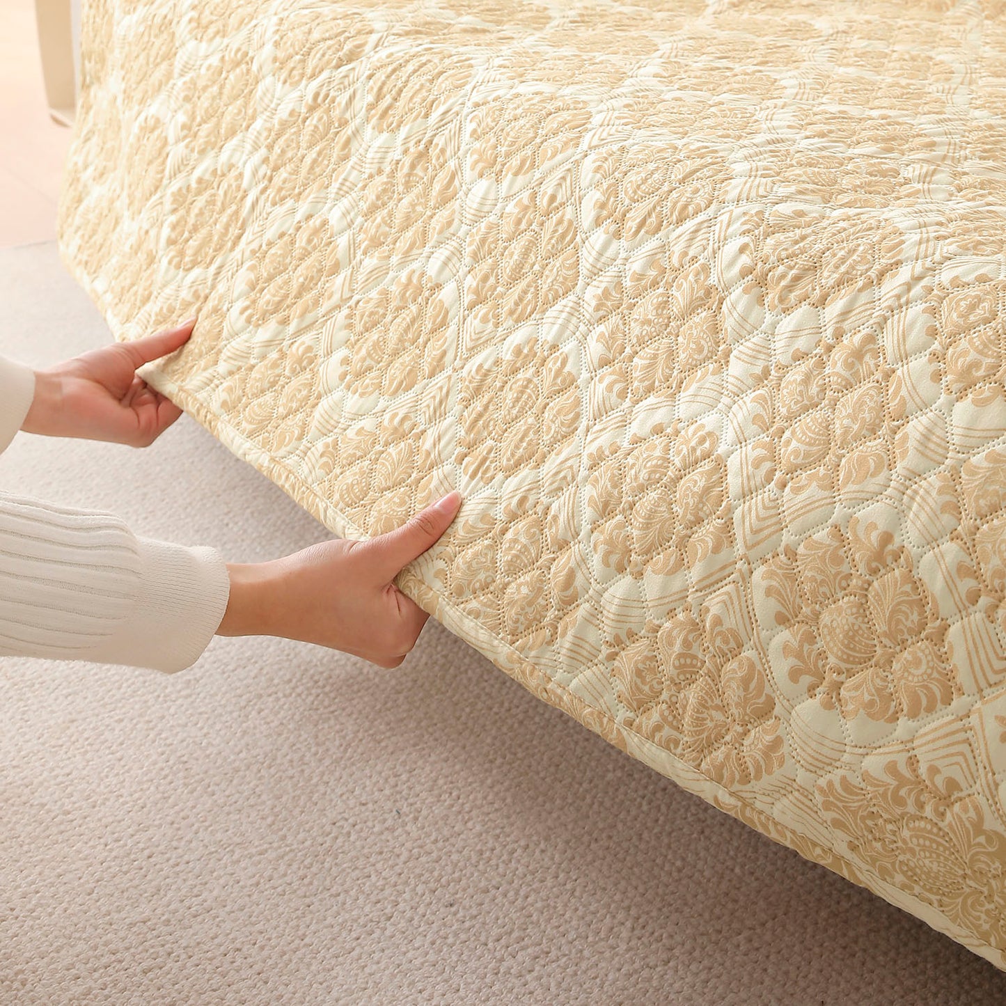 Quilted Sofa Seat Mat Covers for 1/2/3 Seater Sofa, Ogee Ivory
