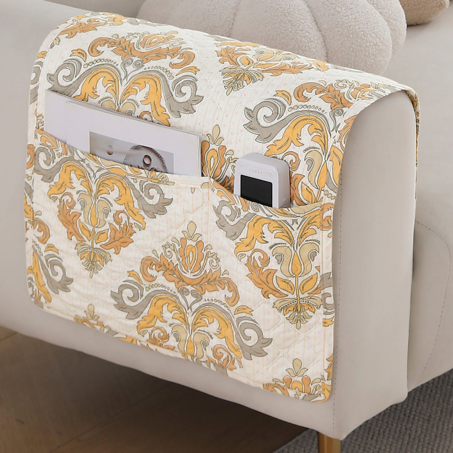 Polyester 2 Pcs Printed Quilted Sofa Armrest Cover, Damask Beige