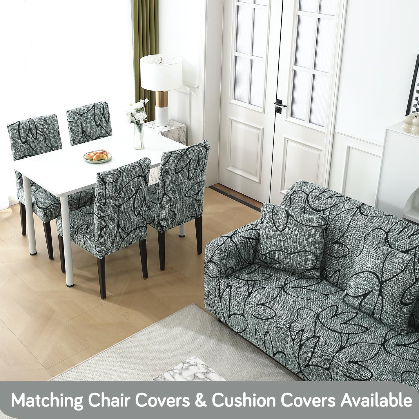 Buy  Intense Grey Abstract Floral Matching elastic covers for chairs and sofas.