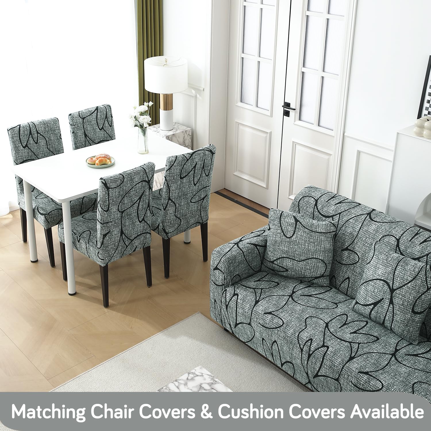 Buy  Intense Grey Abstract Floral Matching elastic covers for chairs and sofas.