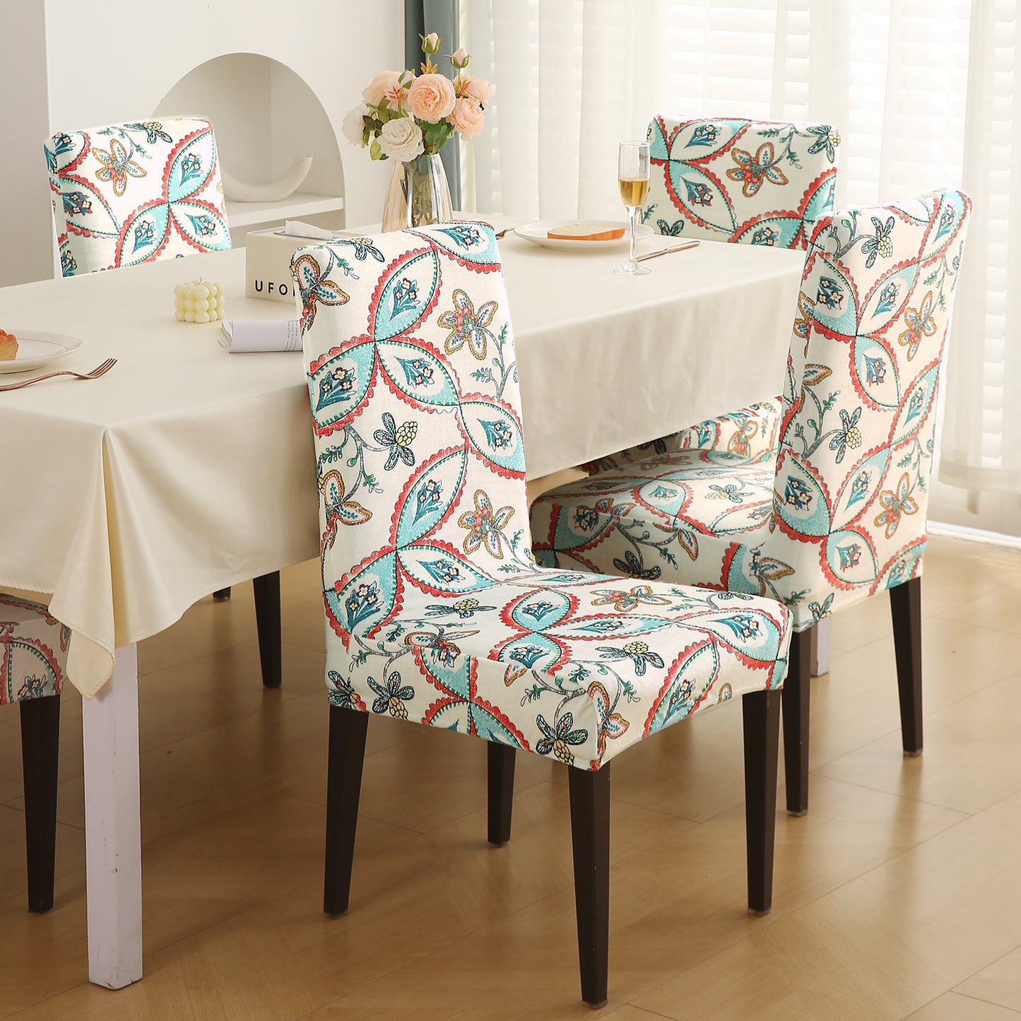 Premium Printed Velvet Dining Chair Cover Set, Beige Persian Garden