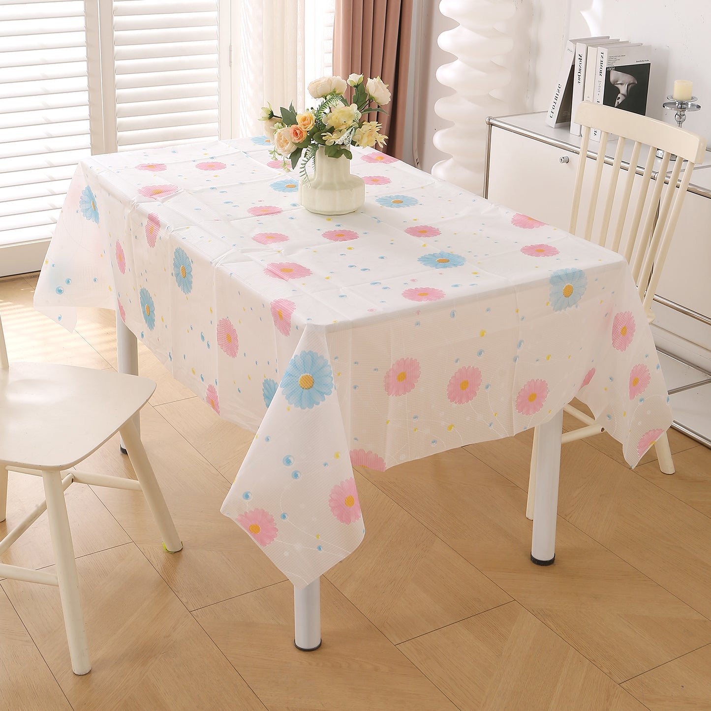 PEVA Waterproof Table Cover Cloth for 2/4/6 Seaters Dining Table | Dustproof Table Cloth for Study & Coffee Table, Dahlia Blush Pink