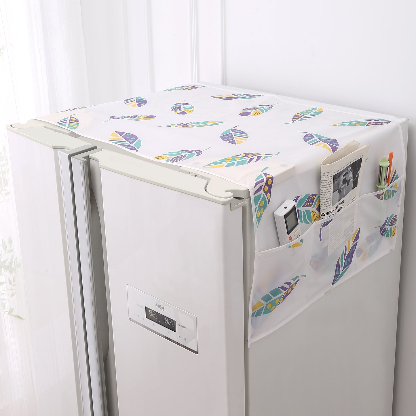 Small / Large Fridge Cover Top | For Smaller Single Door, Double Door and Bigger Double Door Refrigerator - Waterproof, Printed with 6 Side Pockets, Boho Feathers