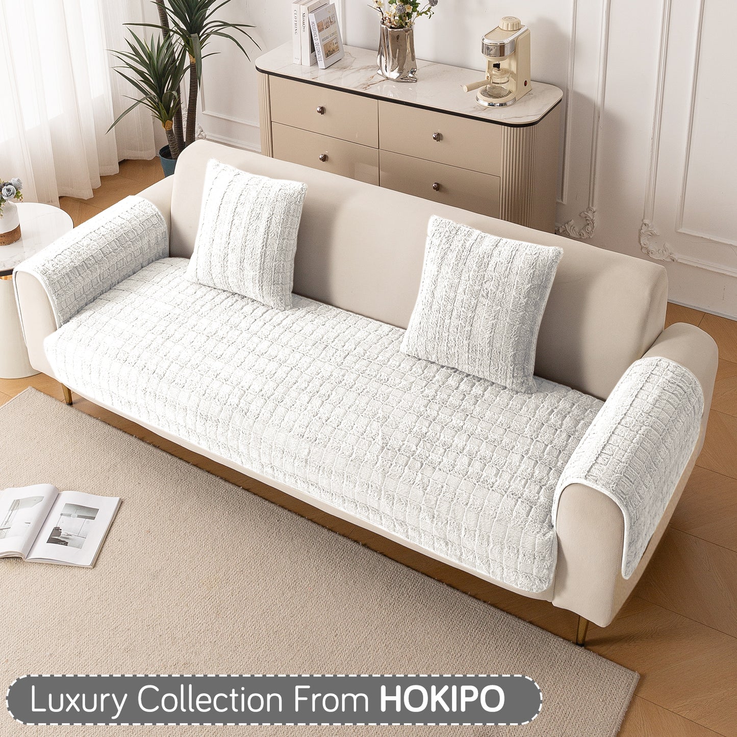 Premium Plush Sofa Cover Mat with 2 Armrest Cover, White