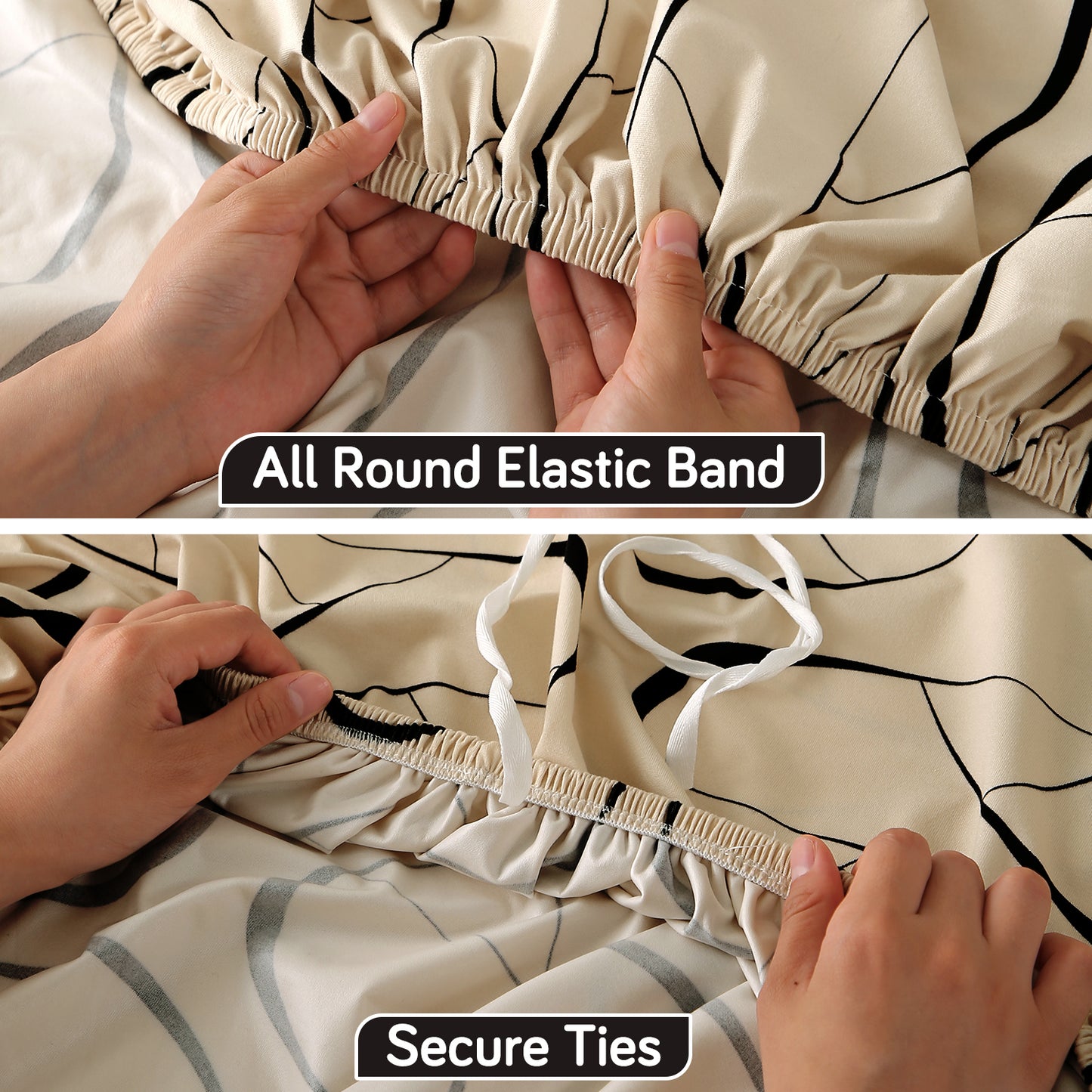 Printed Stretch Fit Water-Repellent & Anti-Slip Table Cloth Cover for 4 Seater / 6 Seater, Natural Beige Abstract Art