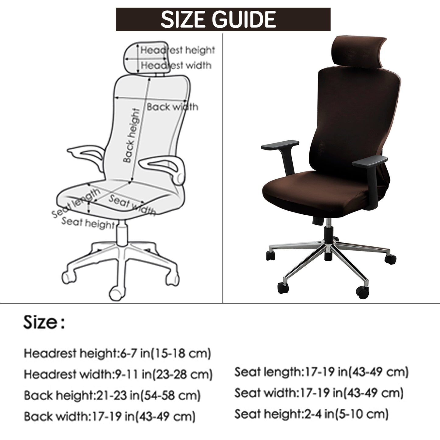 Office Chair Cover with Headrest (High-Back) – 140 GSM Stretch Fabric – Washable, Anti-Slip Fit for Ergonomic Mesh Office Chairs, Brown