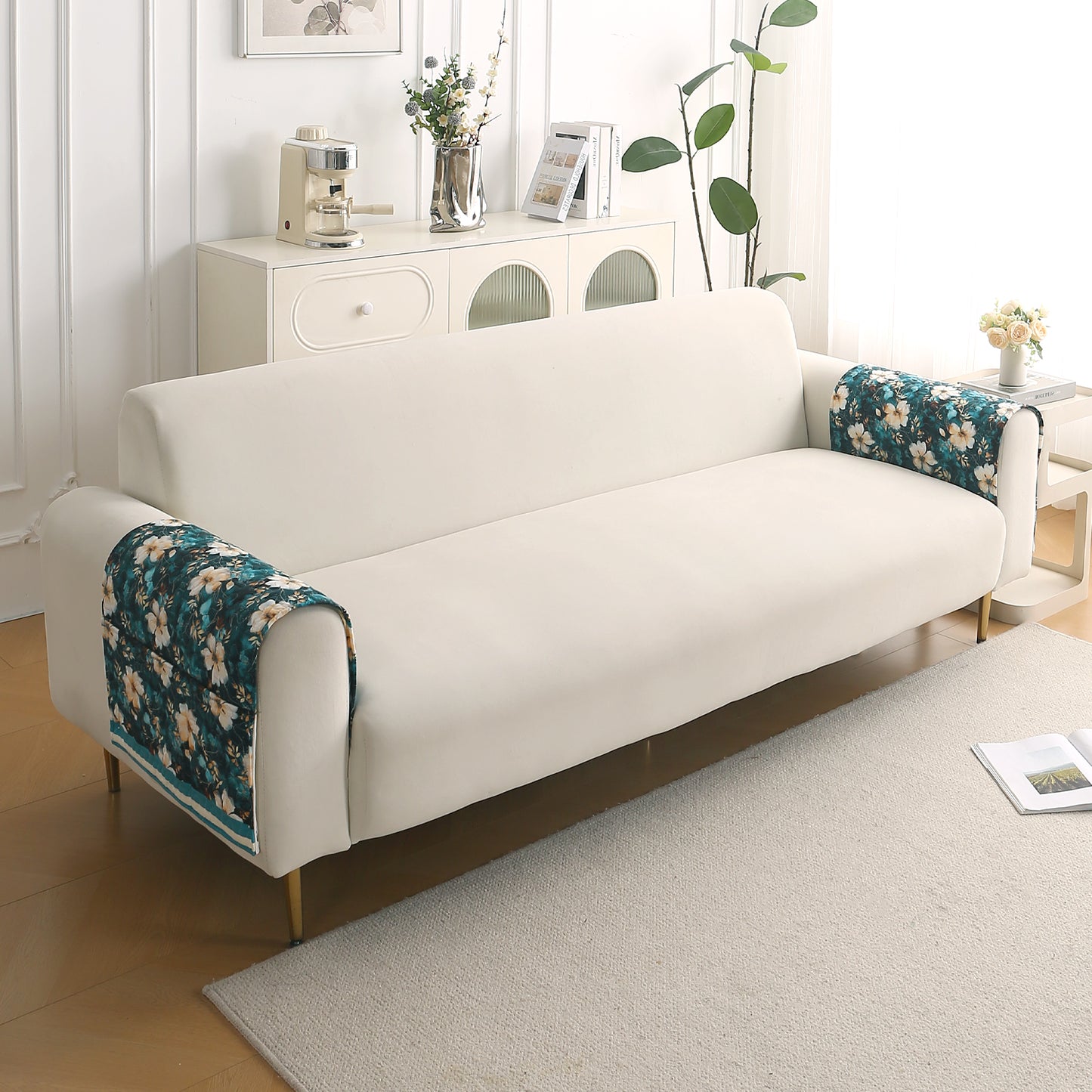 Florentina Series Printed Holland Velvet Sofa Mat - Pansies Teal