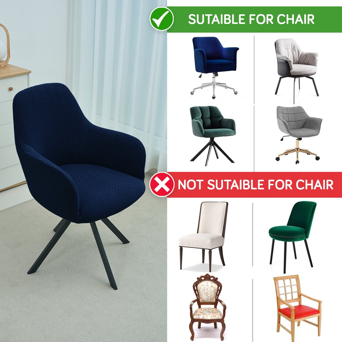 Premium Jacquard Fully Covered Cover for Swivel Dining Chair with Arms, Navy Blue