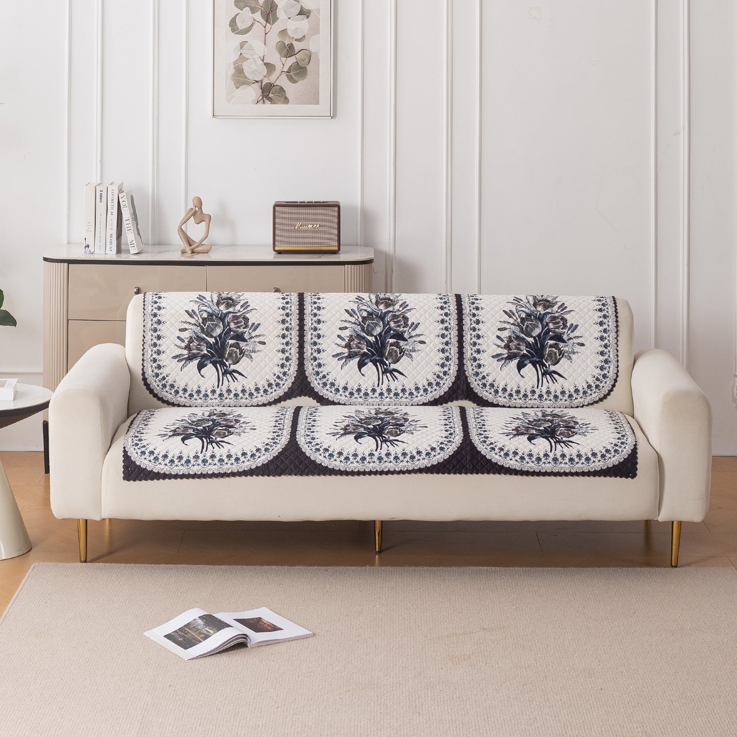 LoomVerse Quilted Sofa Cover Set Washable Sofa Panel for Seat & Back - Midnight Bloom