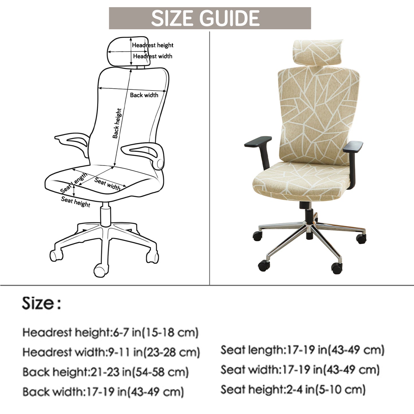 Printed Office Chair Cover with Headrest (High-Back) – 140 GSM Stretch Fabric – Washable, Anti-Slip Fit for Ergonomic Mesh Office Chairs, Beige Abstract Geometry
