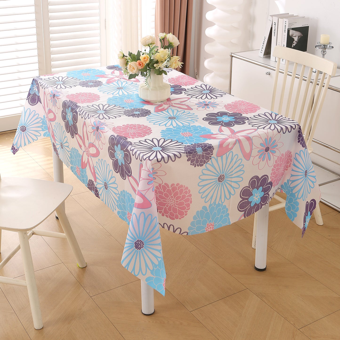 PEVA Waterproof Table Cover Cloth for 2/4/6 Seaters Dining Table | Dustproof Table Cloth for Study & Coffee Table, Tufts Blue Sunflower