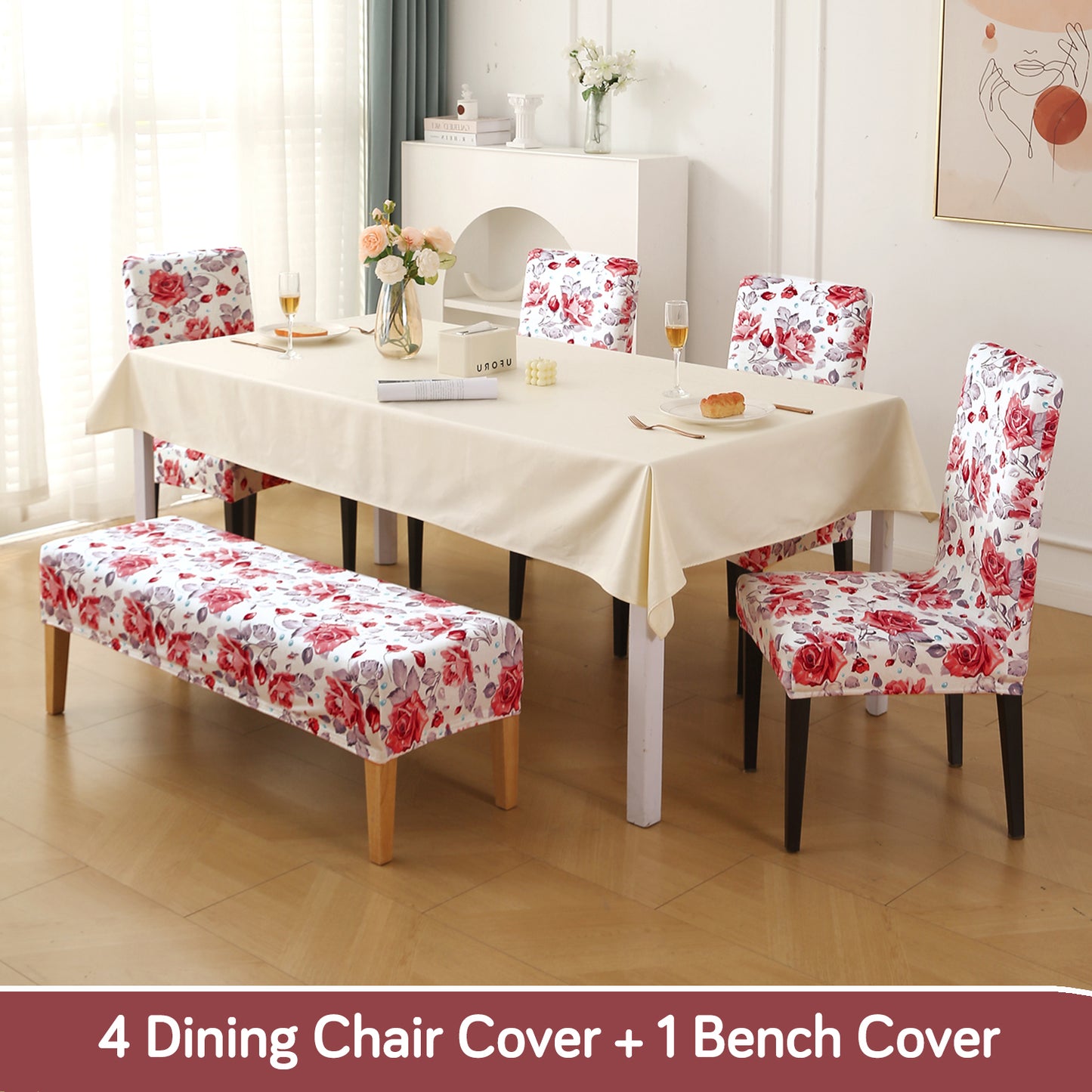 Premium Velvet Cover Set for 4 Dining Chairs + 1 Dining Bench, Red Cottage Rose