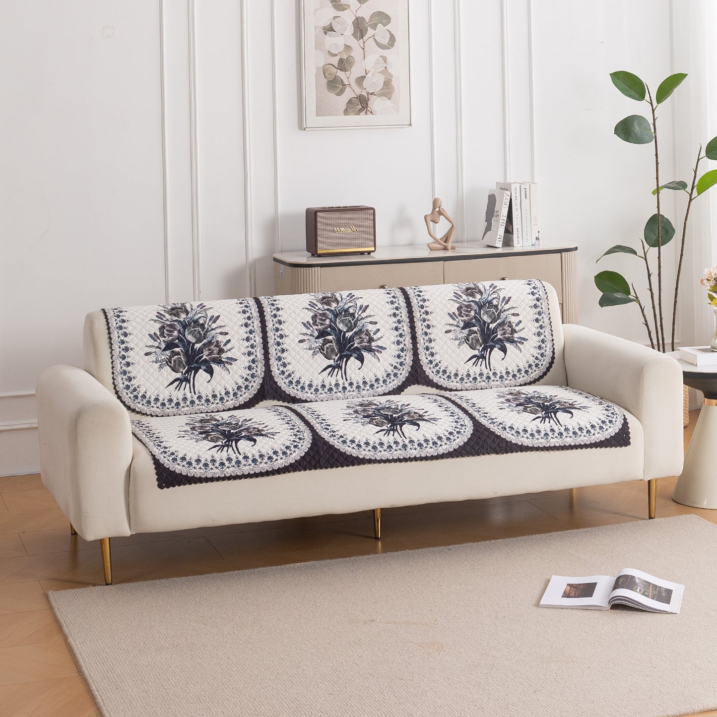 LoomVerse Quilted Sofa Cover Set Washable Sofa Panel for Seat & Back - Midnight Bloom