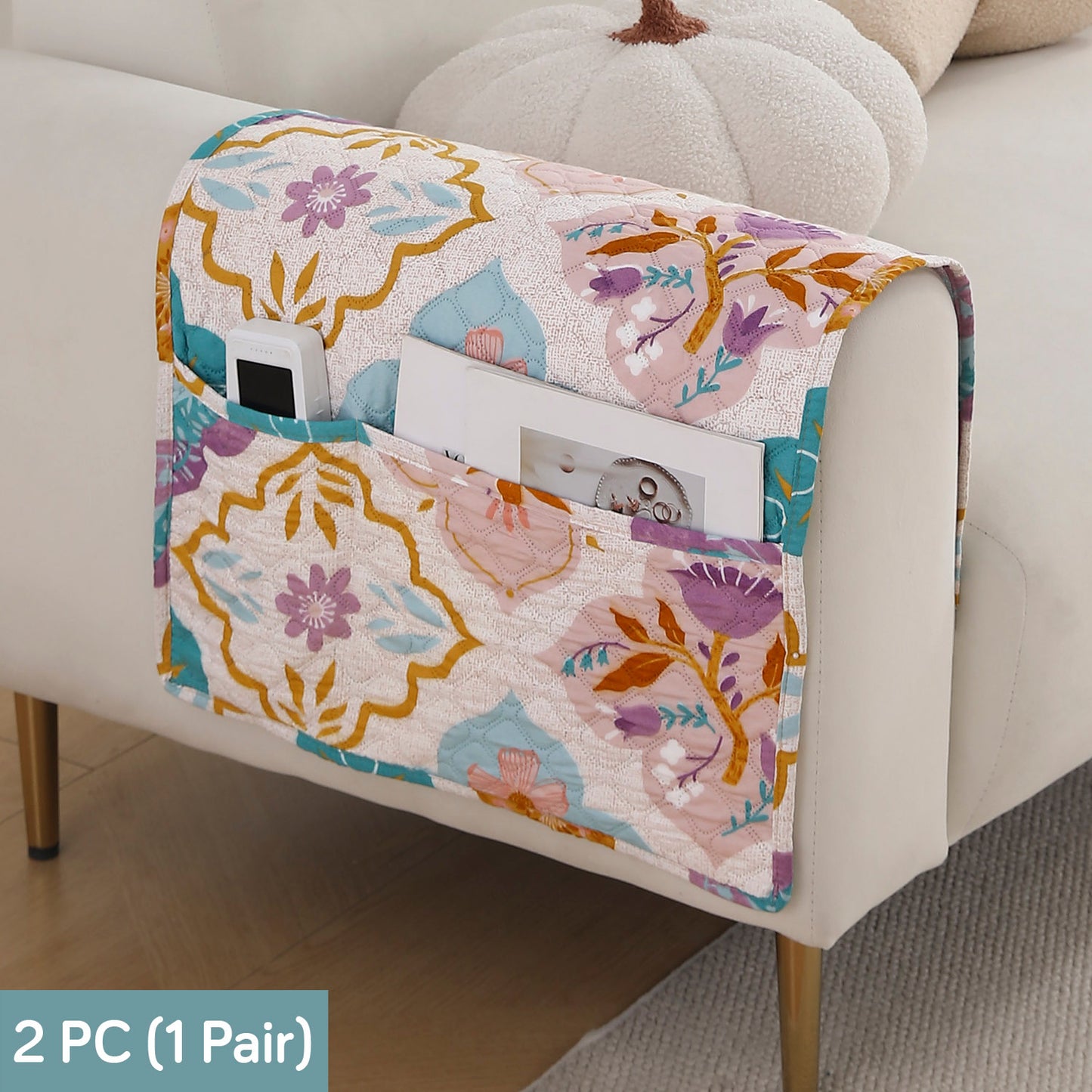 Polyester 2 Pcs Printed Quilted Sofa Armrest Cover, Quatrefoil Multicolor