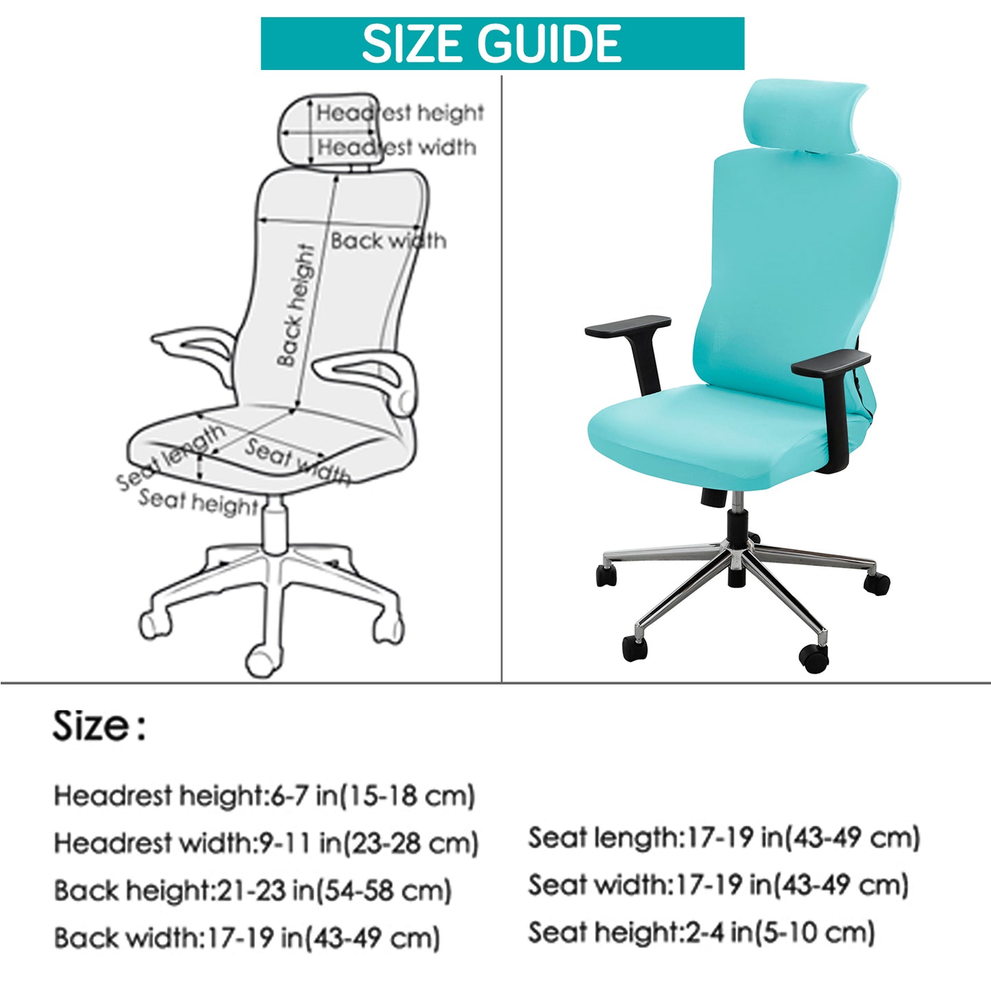Office Chair Cover with Headrest (High-Back) – 140 GSM Stretch Fabric – Washable, Anti-Slip Fit for Ergonomic Mesh Office Chairs, Sky Blue