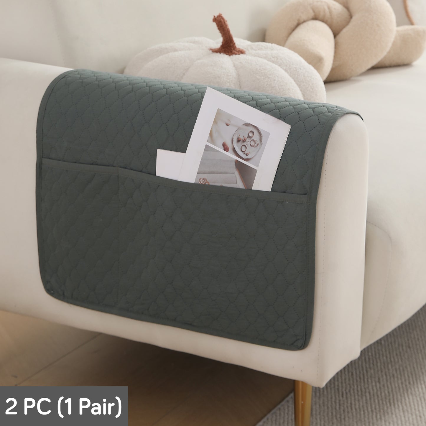 2 Pcs Quilted Sofa Armrest Cover, Grey