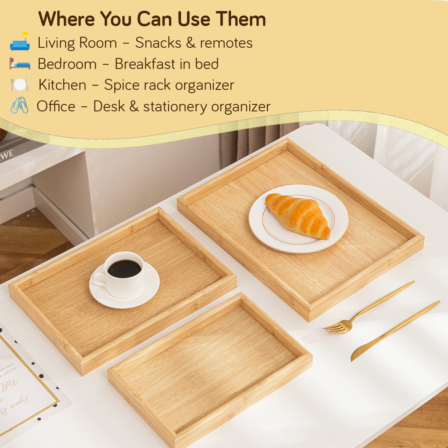 Wooden Serving Tray MDF Rectangular Eco-Friendly Trays Set of 3 – Natural Finish