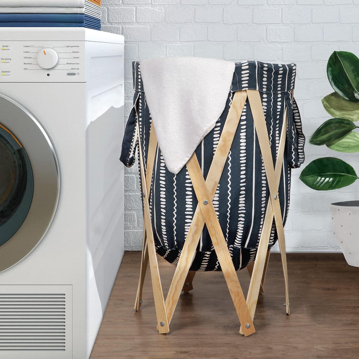 Large European Pattern Laundry Hamper Foldable Wooden Cloth Basket , Blue