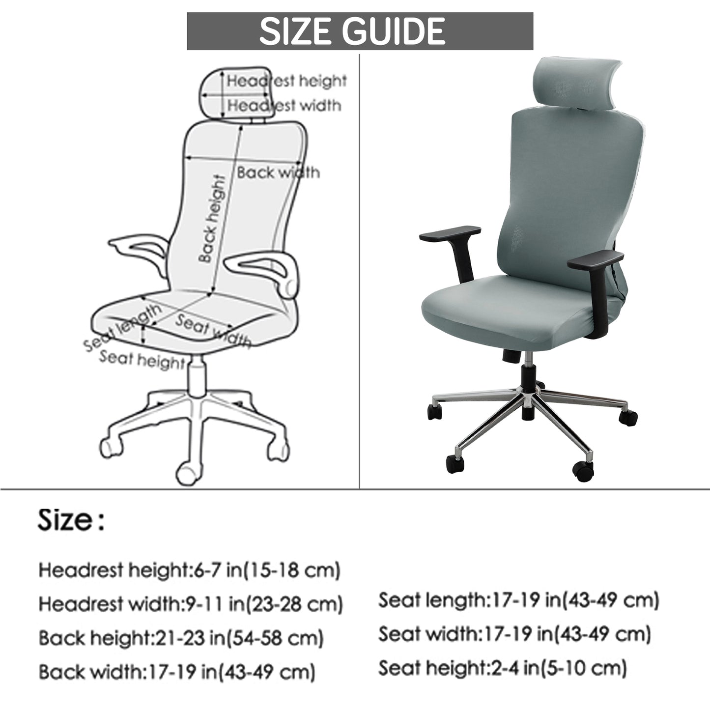 Office Chair Cover with Headrest (High-Back) – 140 GSM Stretch Fabric – Washable, Anti-Slip Fit for Ergonomic Mesh Office Chairs, Smokey Grey