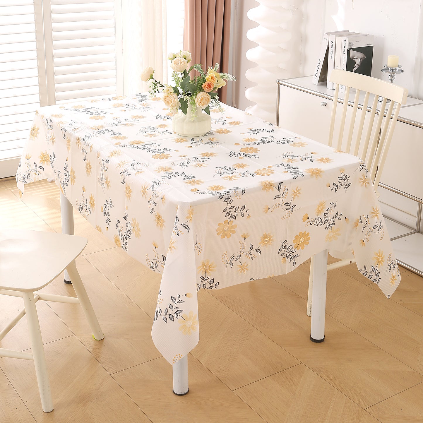 PEVA Waterproof Table Cover Cloth for 2/4/6 Seater Dining Table | Dustproof Table Cloth for Center Table, Study & Coffee Table, Butterscotch Yellow Daisy