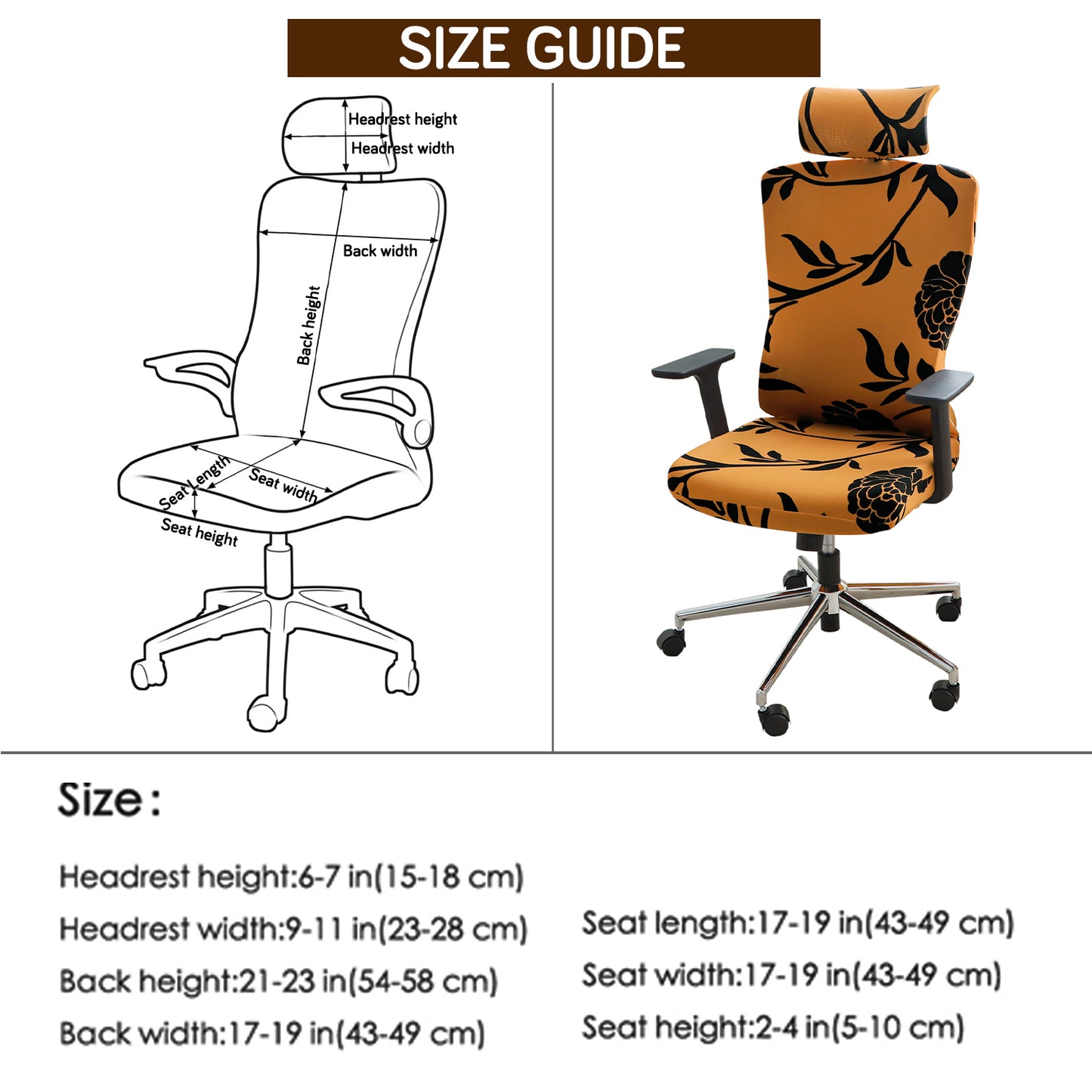 Printed Office Chair Cover with Headrest (High-Back) – 140 GSM Stretch Fabric – Washable, Anti-Slip Fit for Ergonomic Mesh Office Chairs, Copper Brown Floral