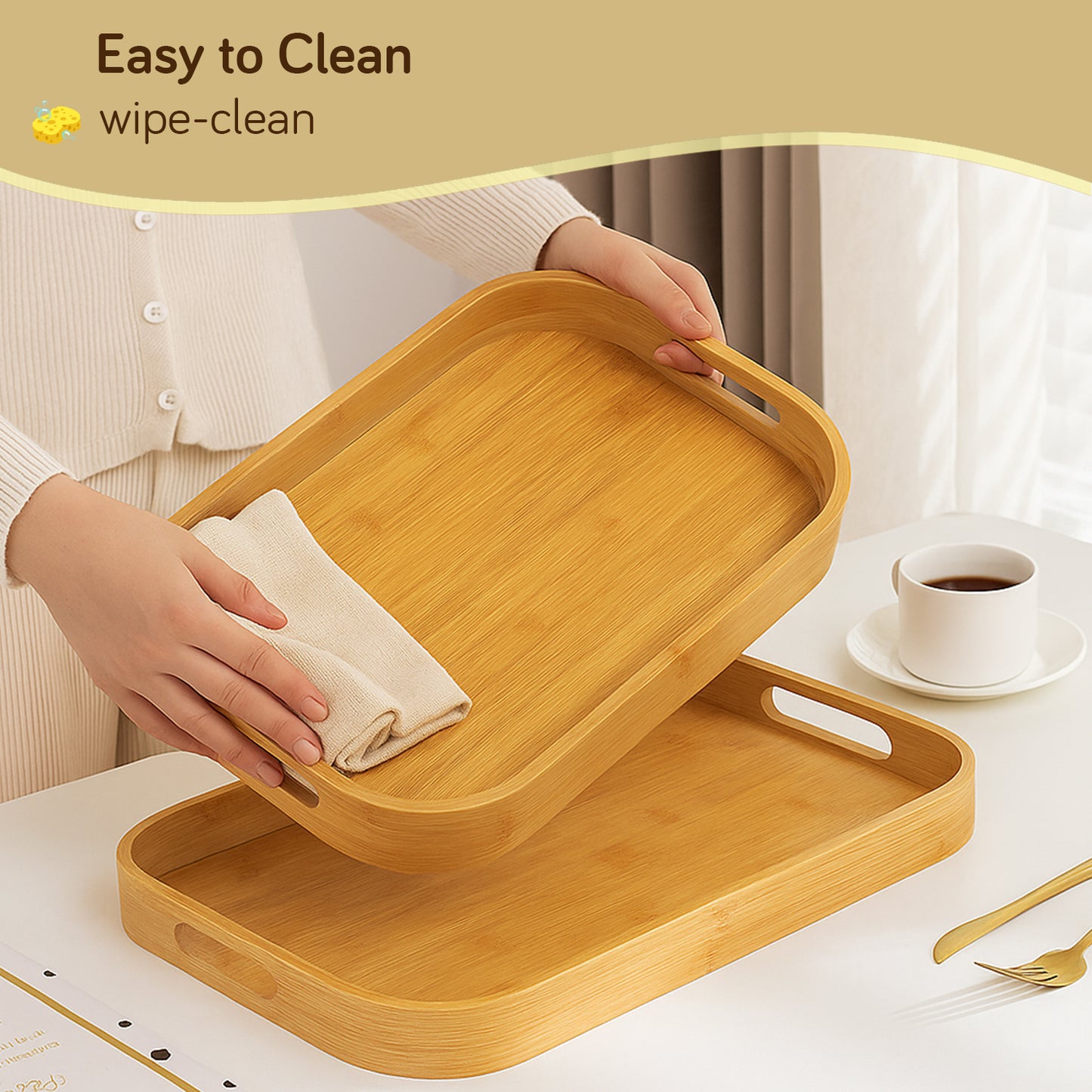 Natural Bamboo Serving Tray Set of 2/3 – Multipurpose Kitchen Tray with Handles