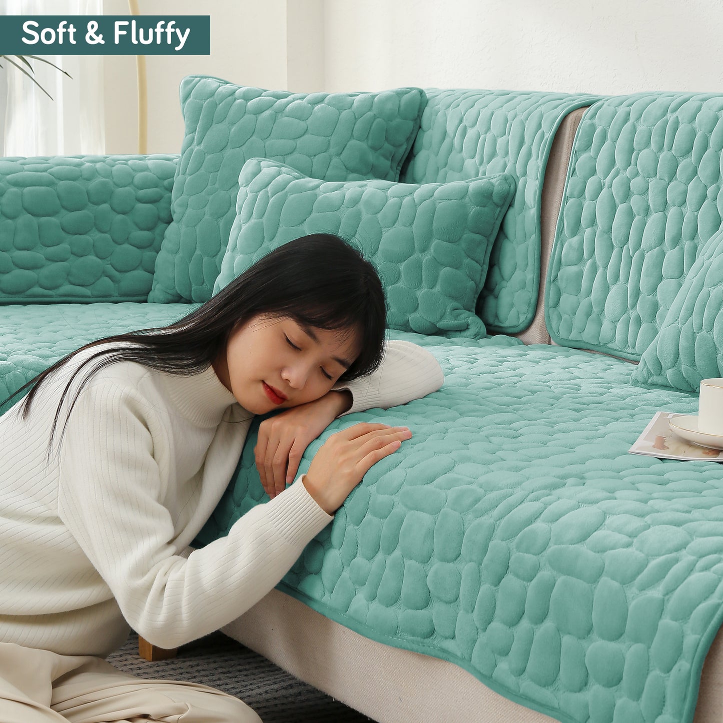 Premium Pebble Milk Velvet Anti Slip Sofa Mat for 1/2/3 Seater, Fog Blue
