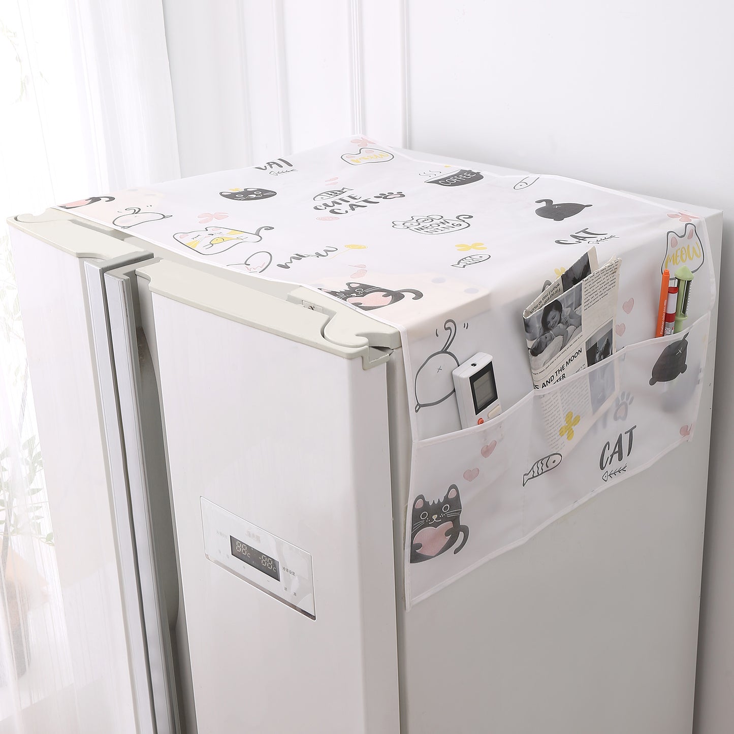 Small / Large Fridge Cover Top | For Smaller Single Door, Double Door and Bigger Double Door Refrigerator - Waterproof, Printed with 6 Side Pockets, Playful Cats