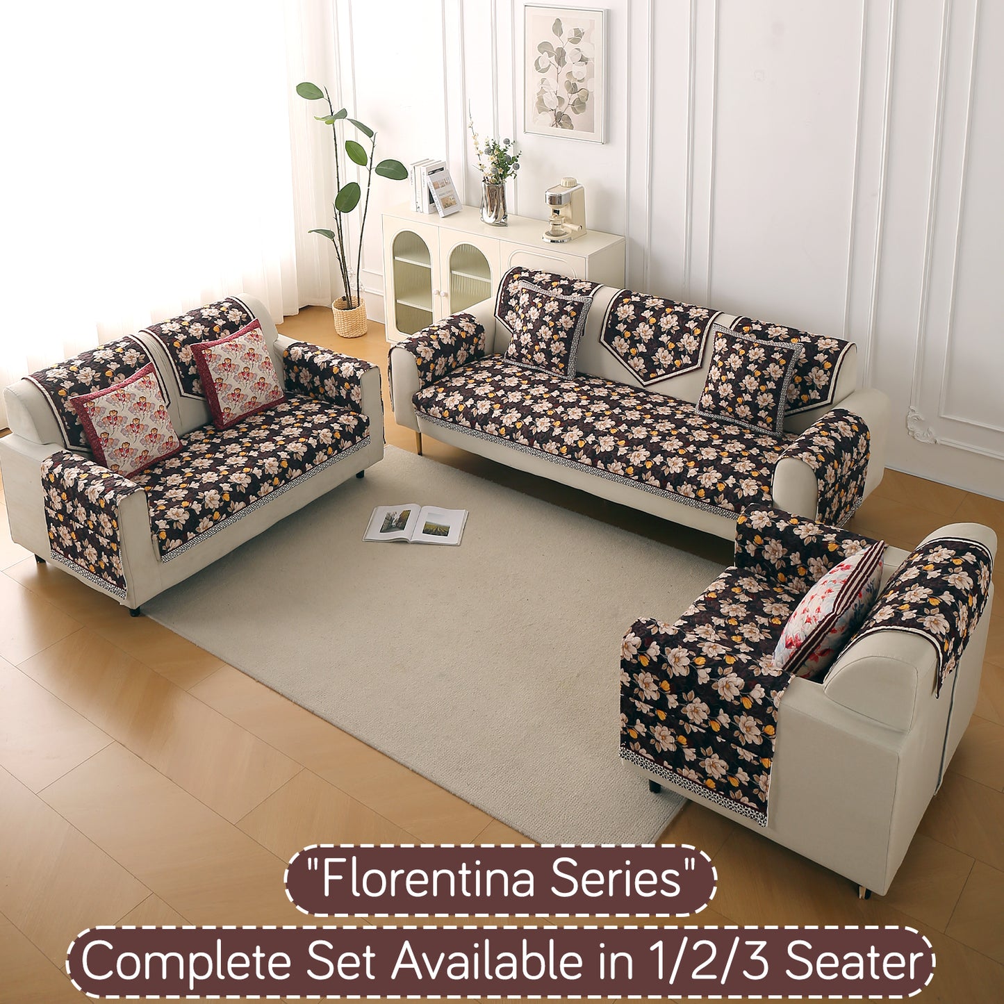 Florentina Series Printed Holland Velvet Sofa Mat - Camellia Brown