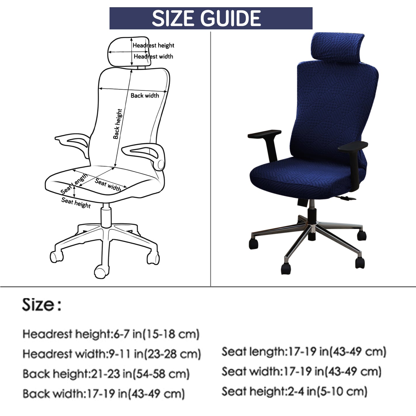 Office Chair Cover with Headrest (High-Back) – 170 GSM Stretch Jacquard – Washable, Anti-Slip Fit for Ergonomic Mesh Office Chairs, Navy Blue