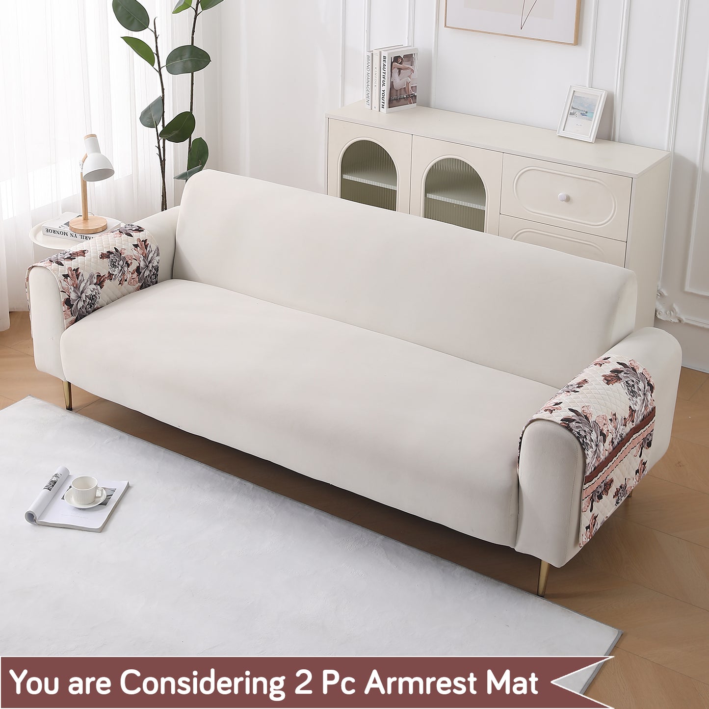LiefNest Holland Velvet Sofa Cover Mat with Foam Filling - Chrysanthemum Bloom Soft Beige
