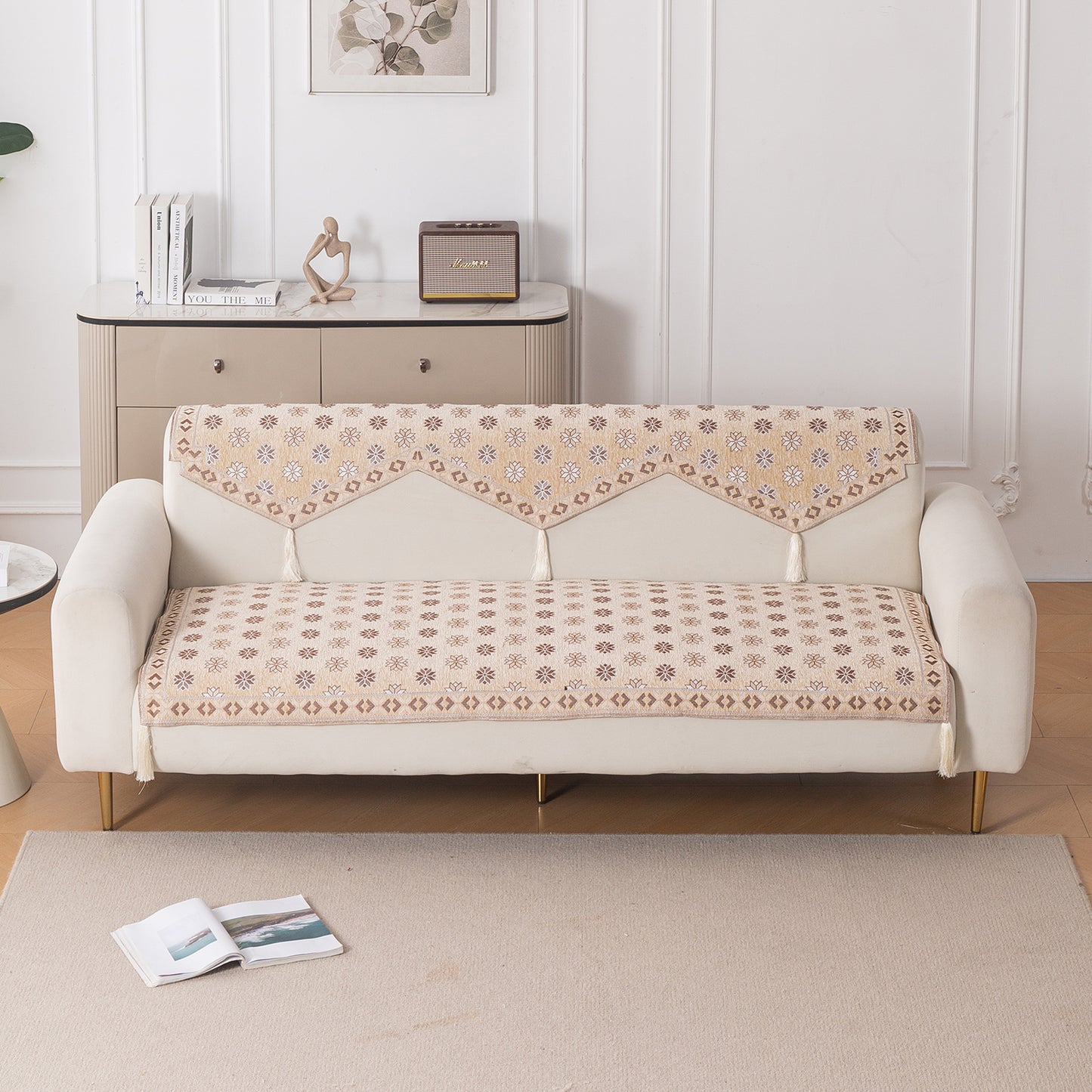 Heritage Weave Premium Jacquard Sofa Cover Set with Tassels - Sandy Beige