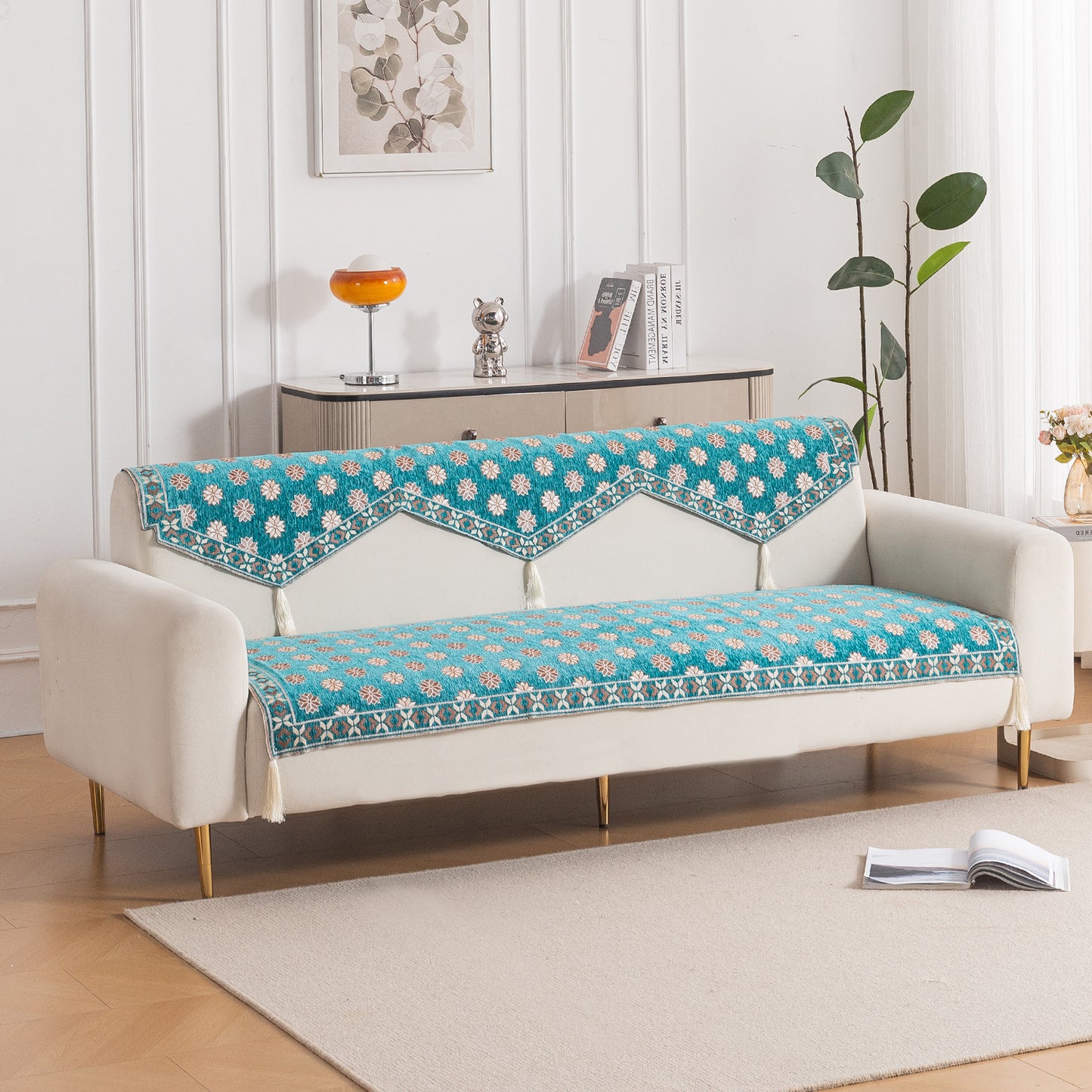 Heritage Weave Premium Jacquard Sofa Cover Set with Tassels - Emerald Teal
