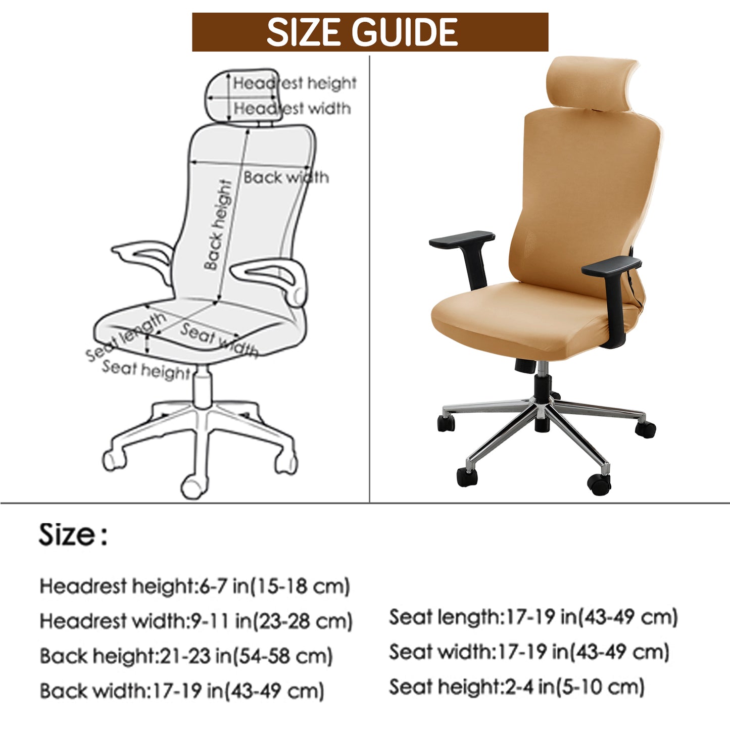 Office Chair Cover with Headrest (High-Back) – 140 GSM Stretch Fabric – Washable, Anti-Slip Fit for Ergonomic Mesh Office Chairs, Camel