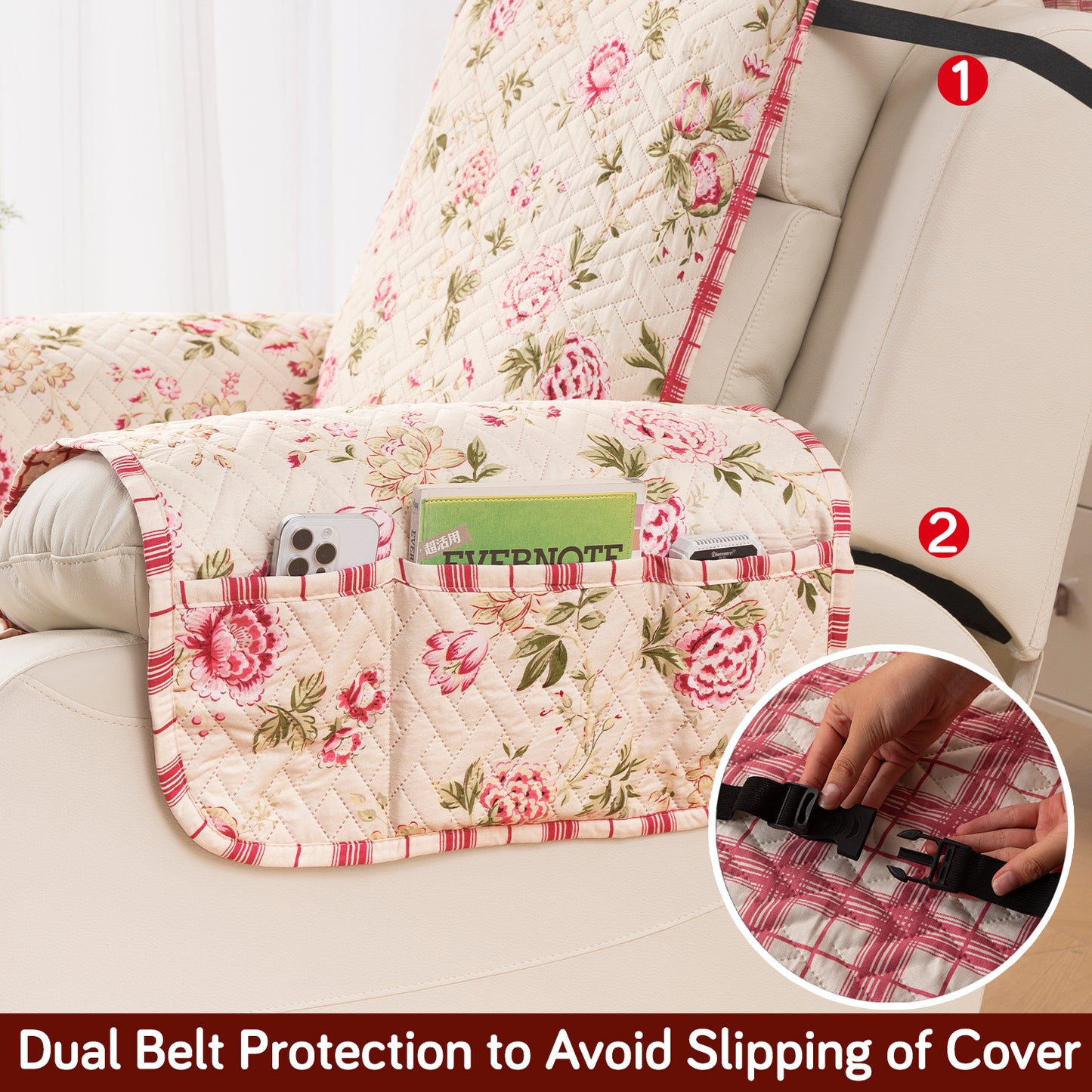 Quilted Cover for Recliner Sofa with SecureFit Belt & Side Pocket, Beige Peonies
