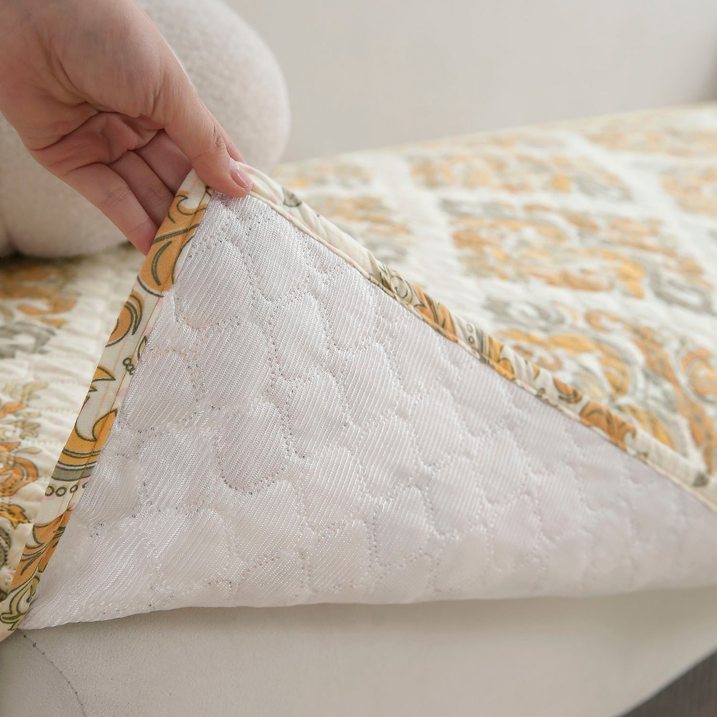 Polyester Printed Quilted Sofa Cover Mats, Damask Beige