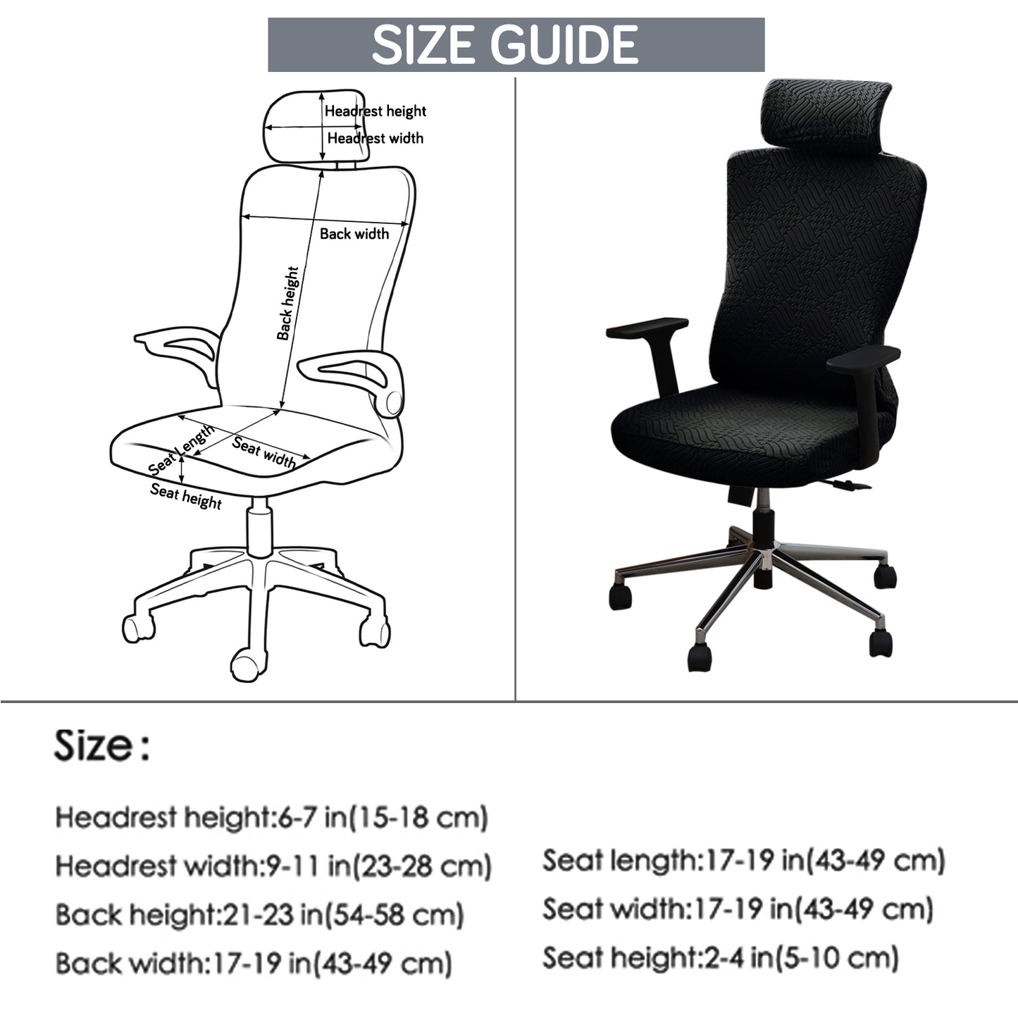 Office Chair Cover with Headrest (High-Back) – 170 GSM Stretch Jacquard – Washable, Anti-Slip Fit for Ergonomic Mesh Office Chairs, Black