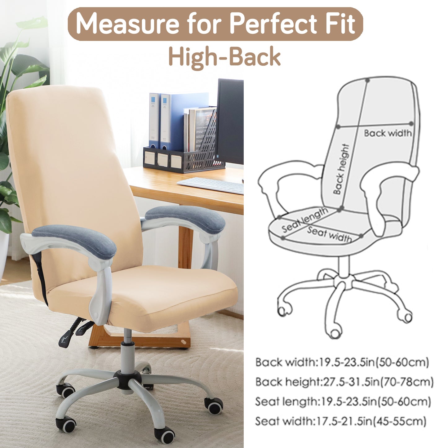 Office Chair Cover for Executive Chair (High-Back) – 140 GSM Stretch Fabric – Washable, Durable & Anti-Slip – Fits High-Back Office Chairs, Beige