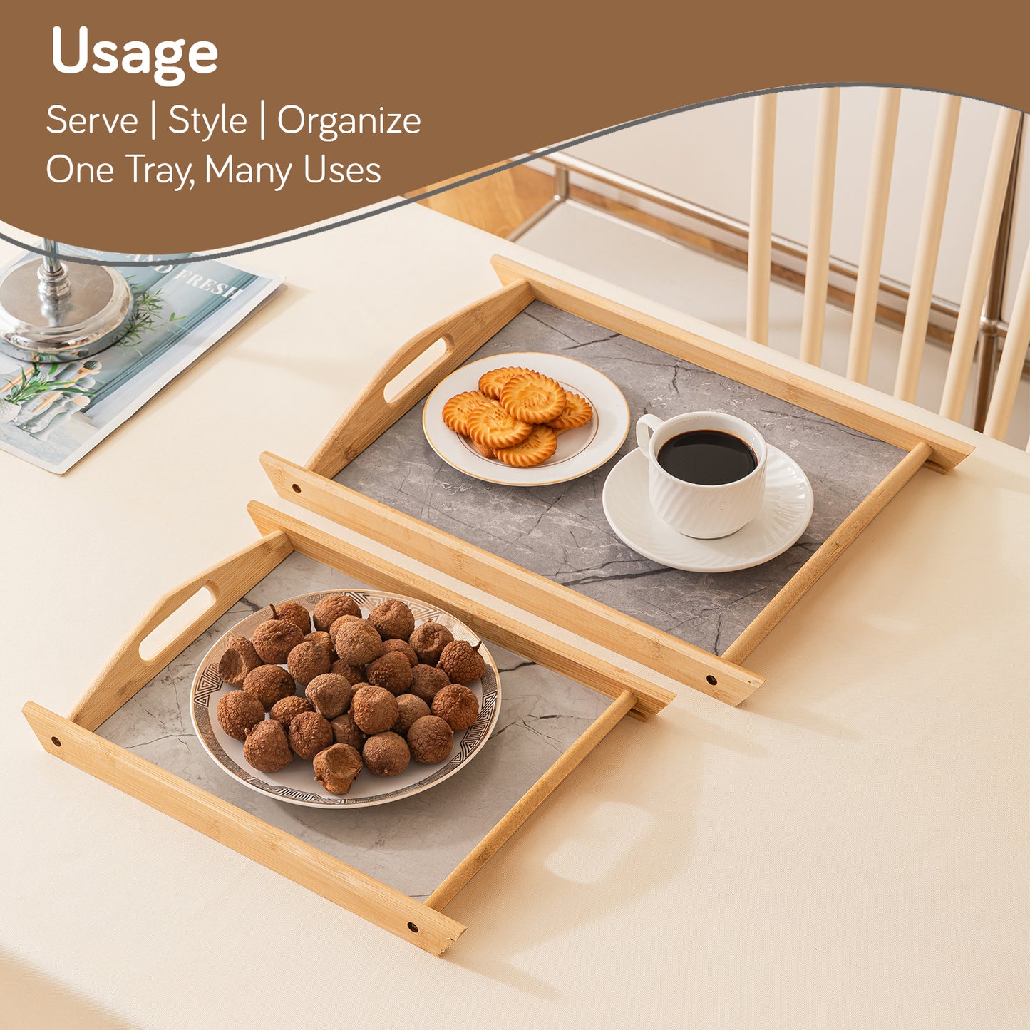 Bamboo Set of 2 Serving Trays with Handles – elegant faux marble base, Grey