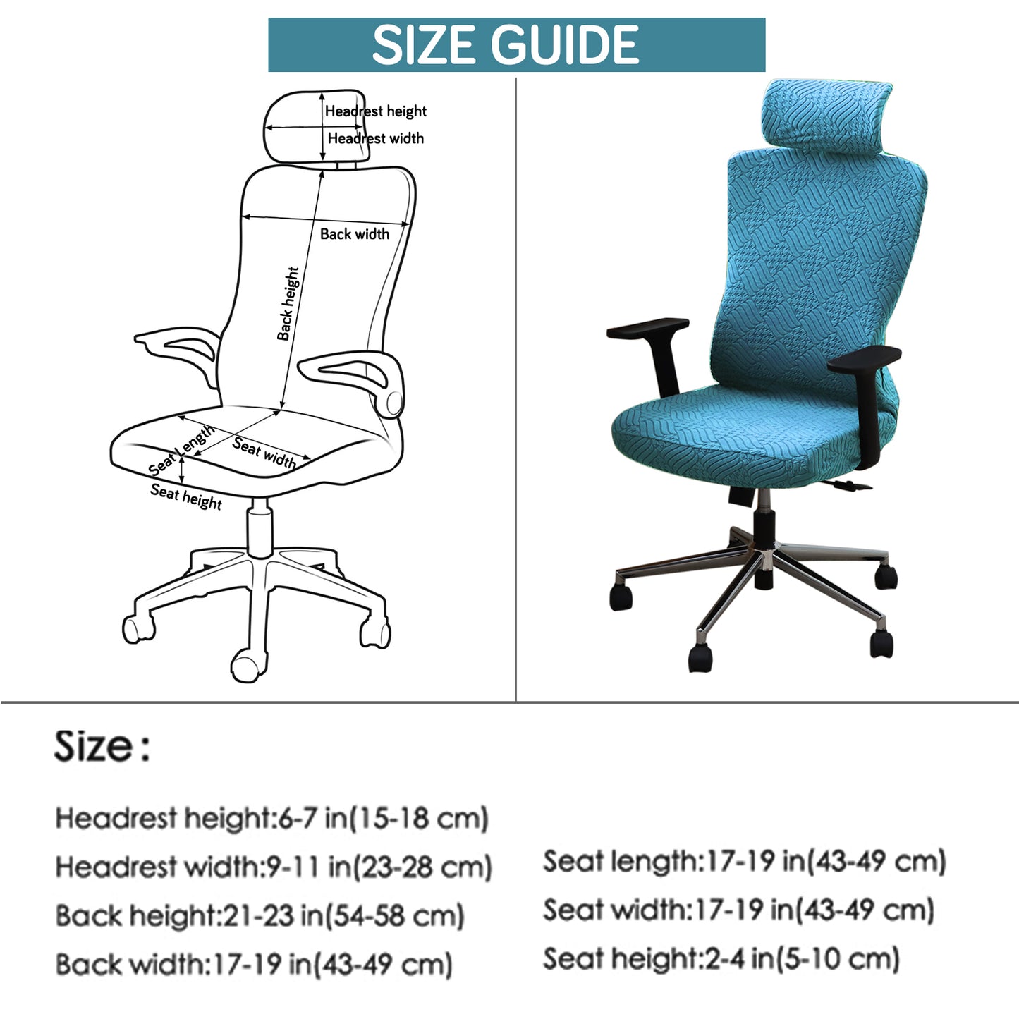 Office Chair Cover with Headrest (High-Back) – 170 GSM Stretch Jacquard – Washable, Anti-Slip Fit for Ergonomic Mesh Office Chairs, Turquoise