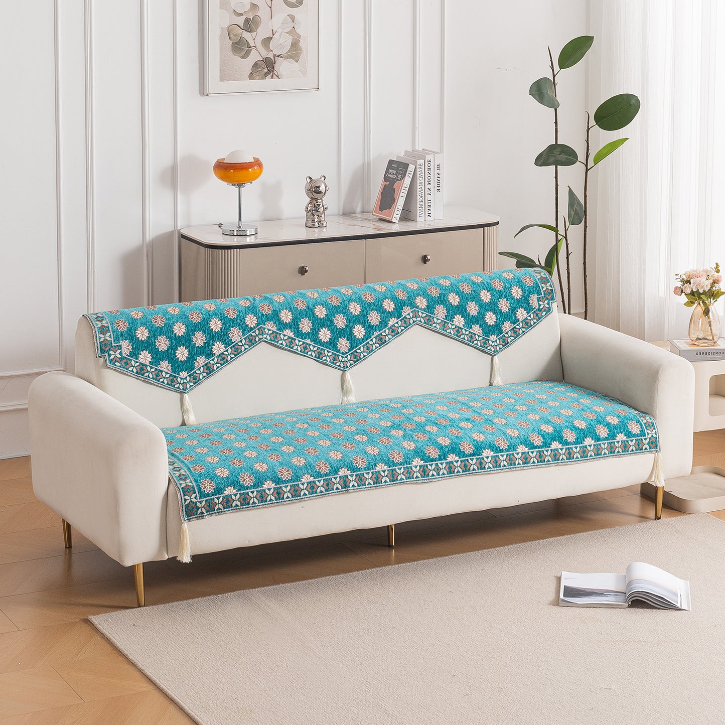 Heritage Weave Premium Jacquard Sofa Cover Set with Tassels - Emerald Teal