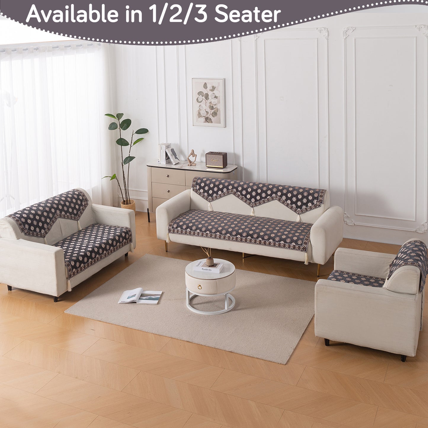Heritage Weave Premium Jacquard Sofa Cover Set with Tassels - Graphite Grey