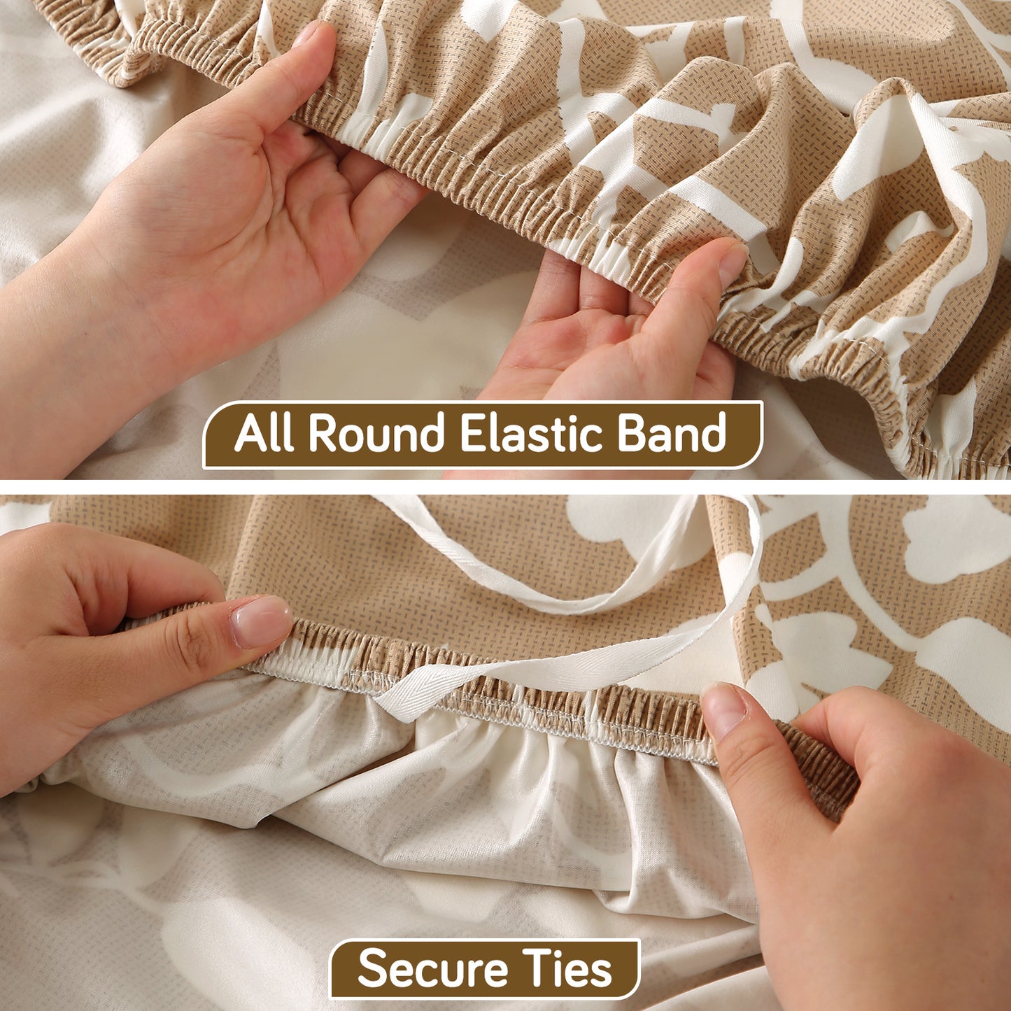 Printed Stretch Fit Water-Repellent & Anti-Slip Table Cloth Cover for 4 Seater / 6 Seater, Buff Brown Sillehoute Floral