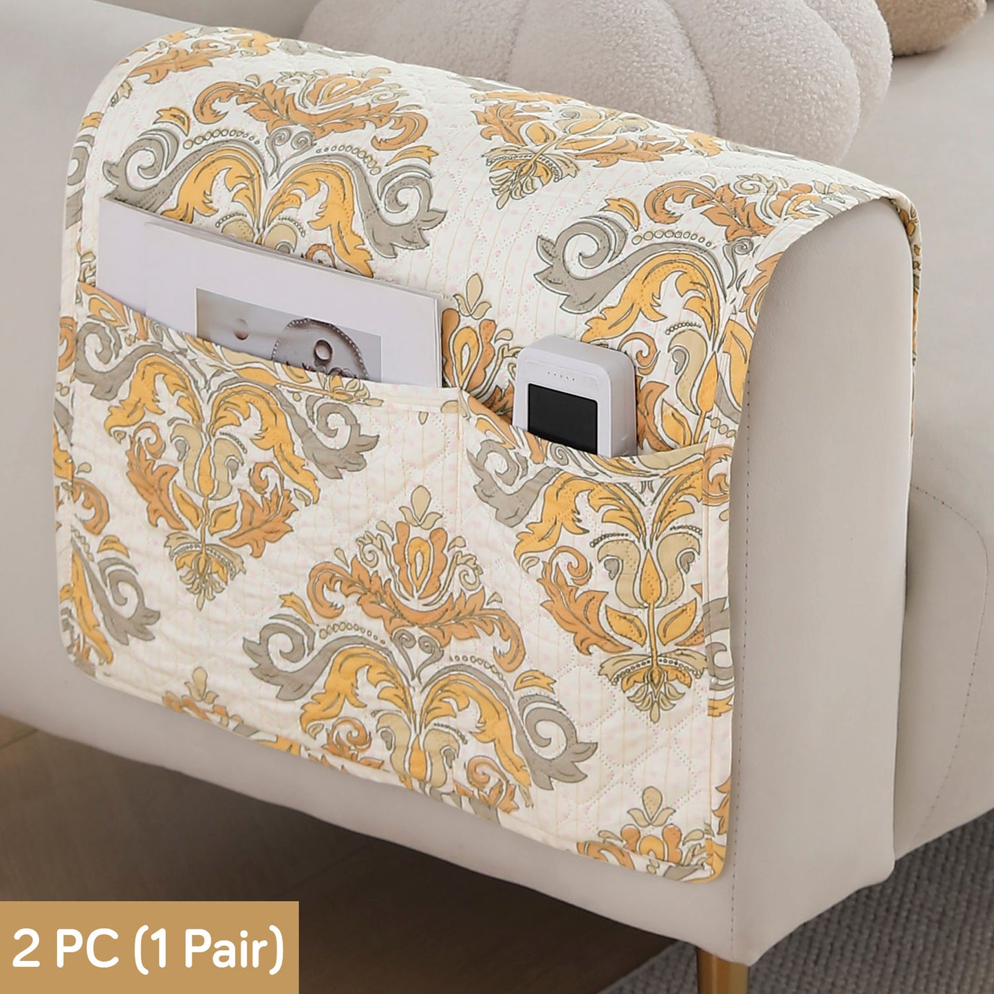 Polyester 2 Pcs Printed Quilted Sofa Armrest Cover, Damask Beige