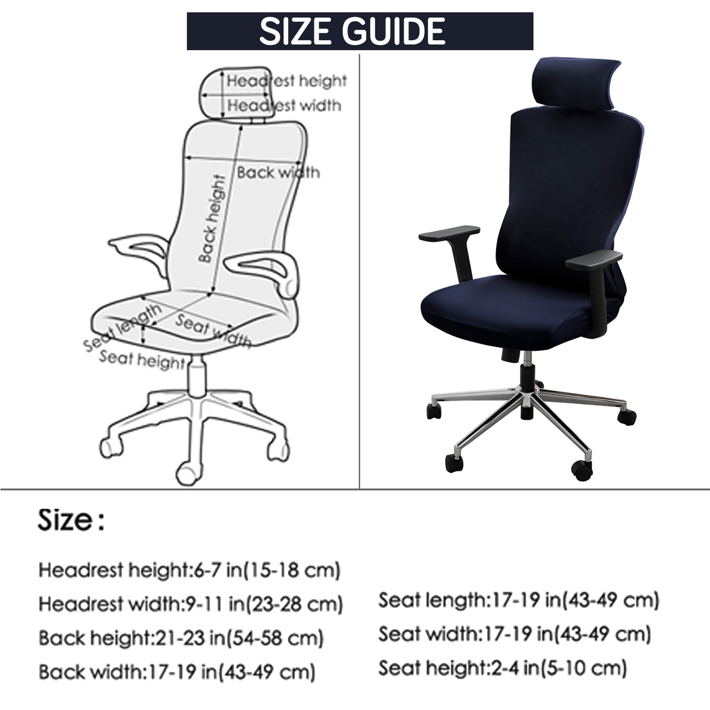 Office Chair Cover with Headrest (High-Back) – 140 GSM Stretch Fabric – Washable, Anti-Slip Fit for Ergonomic Mesh Office Chairs, Navy Blue